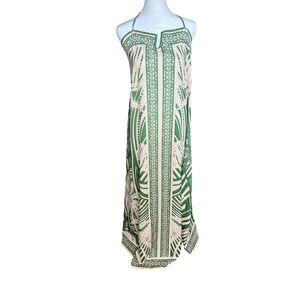 SHEIN Green Tropical Palm Print Halter Maxi Dress Lace Up Back sz L C1J2W4PZC